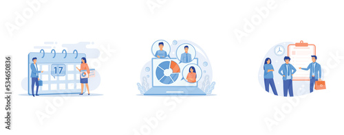 Project deadline date planning, Social research, Company staff, coworkers team, set flat vector modern illustration