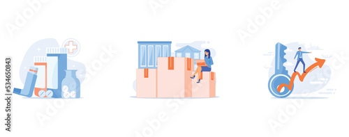 Pharmaceutical products, Relocation services, Business strategy planning, set flat vector modern illustration