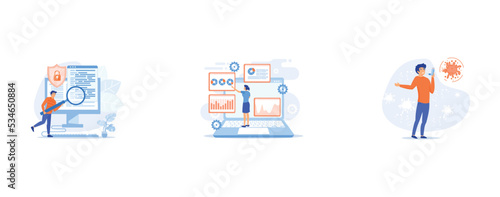Computer forensic science, Social media data center, Respiratory disease, asthma treatment, set flat vector modern illustration