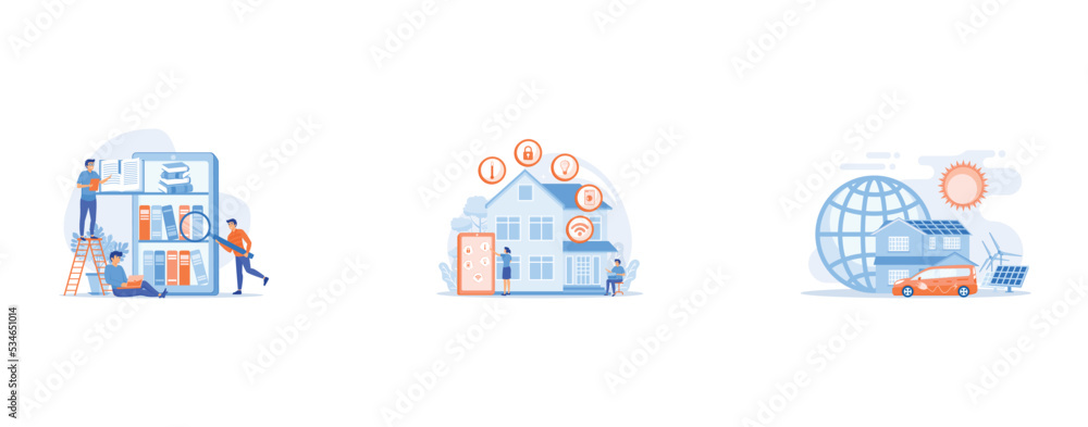 Tablet with bookshelves and students searching and reading information, Business people controlling smart house devices with tablet and laptop, Future smart tech, set flat vector modern illustration