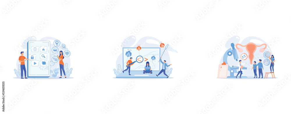 It professionals are creating mobile applications on the smartphone screen, People catching bugs on the laptop screen with angle brackets, HPV virus checkup, set flat vector modern illustration It professionals are creating mobile applications on the smartphone screen, People catching bugs on the laptop screen with angle brackets, HPV virus checkup, set flat vector modern illustration