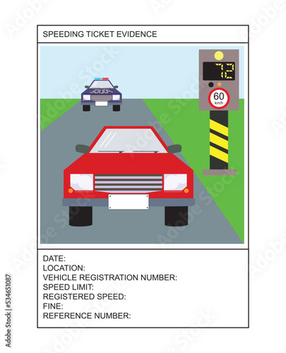 Blank speeding ticket slip with clipart photo evidence of the traffic offense with speed camera and police car catching the offender