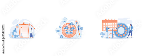 Doctor at clipboard with data, syringe with blood drop, Virtual machines, Woman poining at oral contraceptives, iud and bc injection, set flat vector modern illustration