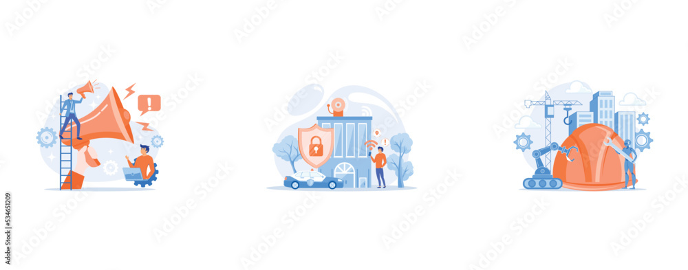 Businessman talk in megaphone with exclamation point, Safety measures, unauthorized access prevention, Robot with wrench and robotic arm at construction site, set flat vector modern illustration Businessman talk in megaphone with exclamation point, Safety measures, unauthorized access prevention, Robot with wrench and robotic arm at construction site, set flat vector modern illustration