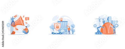 Businessman talk in megaphone with exclamation point, Safety measures, unauthorized access prevention, Robot with wrench and robotic arm at construction site, set flat vector modern illustration