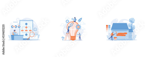 Analyst working at laptop with automation process, Tiny business people generating ideas and holding gears at big light bulb, Building exterior renovation, set flat vector modern illustration