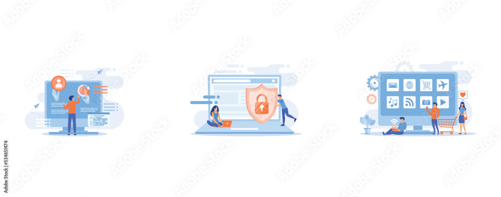 Businessman and computer recognising and interpreting human gesures as commands, Tiny people businessman with shield protecting data on laptop, Tiny people with laptop, shopping cart using smart TV wi