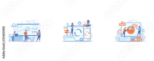 Software Engineer, Statistician, Visualizer and Analyst working on a project, User with laptop and smartphone synchronizing, Social media managers work with social media profiles and platforms, set fl