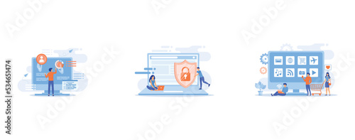 Businessman and computer recognising and interpreting human gesures as commands, Tiny people businessman with shield protecting data on laptop, Tiny people with laptop, shopping cart using smart TV wi