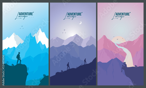 vector set of beautiful mountain climbing adventure with 3 different color concepts