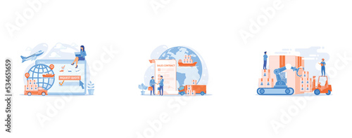 Customer choosing order delivery type, global distribution, International business partnership, global trade, Storehouse employees working, transporting goods boxes, set flat vector modern illustratio