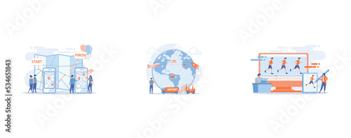 Smartphone digital map, GPS navigation mobile application, Company specializing in foreign products, Animator working on character movement, set flat vector modern illustration
