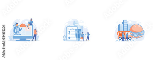 Professional chef holding dish on video and users watching food blog with recipes, Businessmen drinking take away coffee at huge paper coffee cup and beans, Huge hamburger and businessman and woman ea