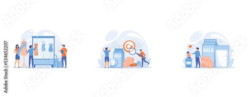 Designer team working on new clothes collection and piece of cloth on mannequin, Tiny people, healthy sportsman with organic food high in calcium, Dairy products, cheese, yoghurt and kid likes drinkin