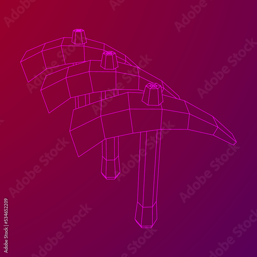 Pickaxe for extraction of precious stones or extracting minerals. Miners hand tool. Wireframe low poly mesh vector illustration