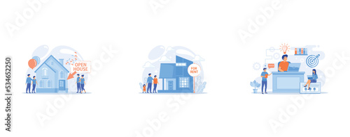 People going to housewarming party flat characters, Family moving to countryside area, Business team and work process steps from idea to target, set flat vector modern illustration