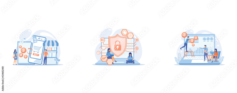 New and used gadget exchange, Privacy engineer at laptop with shield improving level of systems privacy, Tiny business people and analysts transforming data into money, set flat vector modern illustra