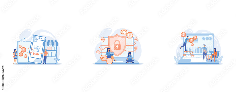 New and used gadget exchange, Privacy engineer at laptop with shield improving level of systems privacy, Tiny business people and analysts transforming data into money, set flat vector modern illustra New and used gadget exchange, Privacy engineer at laptop with shield improving level of systems privacy, Tiny business people and analysts transforming data into money, set flat vector modern illustra