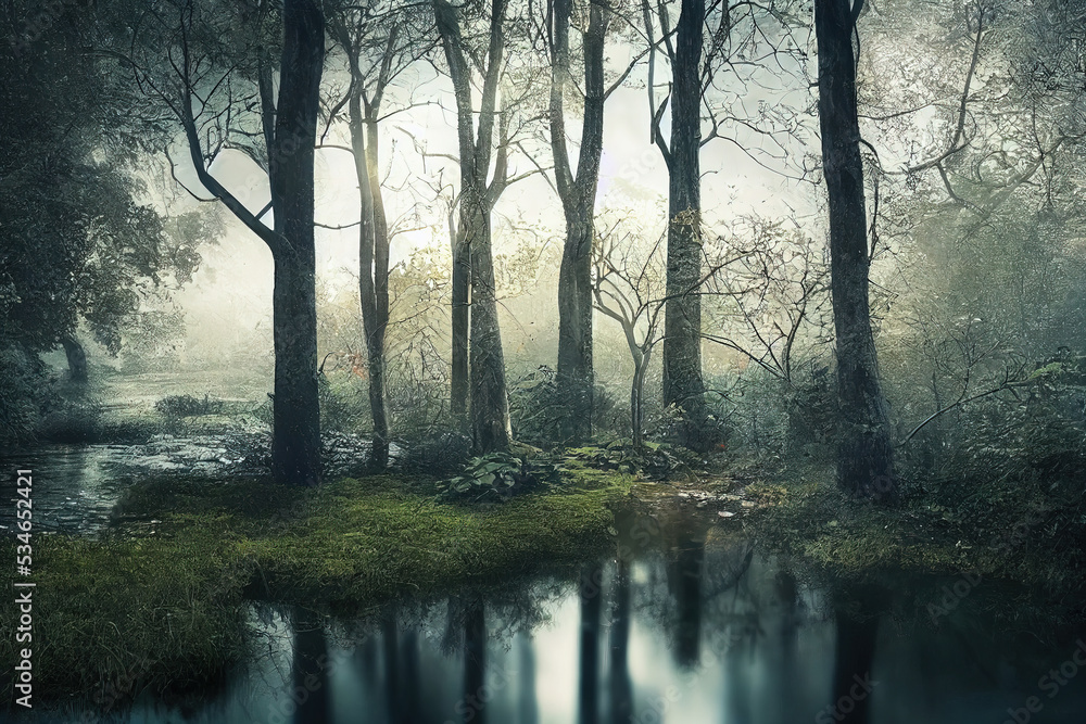Obraz premium Abstract mysterious forest landscape. foggy morning, cold. Trees are reflected in a quiet pond. 3d illustration