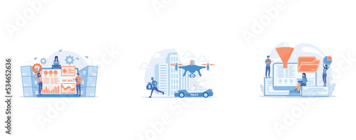 Laptop with data visualization software and developers working, Police car and drone tracking thieve in mask with money and crime scene, Dashboard consolidating metrics on computer screen, set flat ve