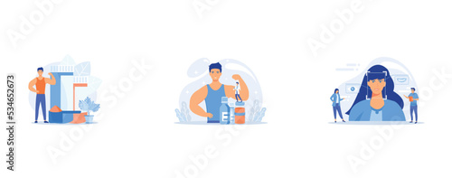 Bodybuilder with sports nutrition plastic containers with protein powder, Tiny people doctor with syringe doing anabolic steroids injection to an athlete, Tiny people scientists identify womans emotio photo