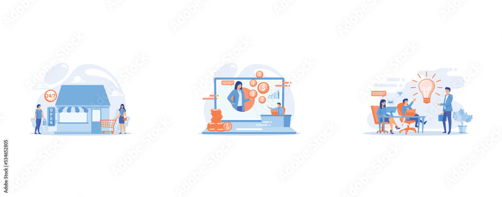 24 hours open shop, Online financial consulting, Office meeting, brainstorm, set flat vector modern illustration 24 hours open shop, Online financial consulting, Office meeting, brainstorm, set flat vector modern illustration