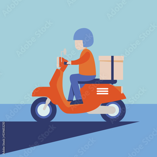 Delivery man riding a orange scooter vector ilustration