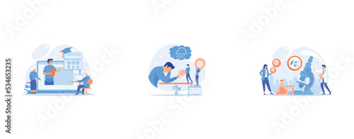 Webinar, Internet lesson, Businessman feeling bad with depressive symptoms, tiny people, Tiny people scientists in the lab produce pharmaceutical drugs, set flat vector modern illustration