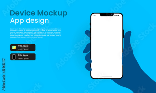 Modern hand holding smartphone on blue background. Smartphone device mockup for UI UX app presentation. Vector Illustration