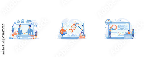 Profitable partnership, business partners cowork, Scientists looking at DNA and charts with magnifier on laptop, Professor with charts teaching students from laptop screen and globe, set flat vector m