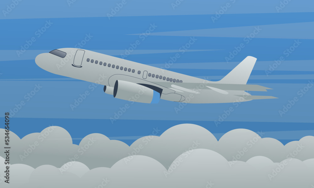 Blue sky with clouds and a plane taking off vector illustration