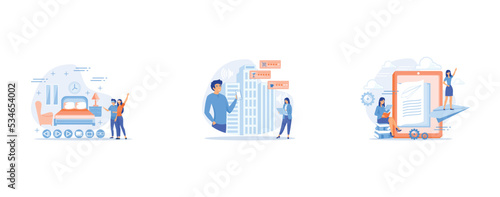 Couple in VR glasses, People checking cafe, bar and retail shop rates and ranks with smartphones, User with book and tablet watching himself flying on paper plane in augmented reality, set flat vector