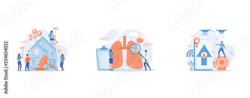 Property buying and selling, Doctor with magnifier looking at bacteria in lungs, Flame in house remote notification, set flat vector modern illustration