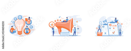 Business people in gears with laptops working and lightbulb, Users with like and share icons and megaphone, Company hr managers hiring a new employee using resume, magnifier and megaphone, set flat ve