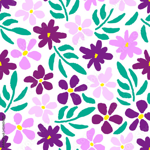 Simple delicate floral vector seamless pattern. Pink  violet flowers  twigs  leaves on a white background. Spring-summer collection. For fabric prints  textiles  clothing.