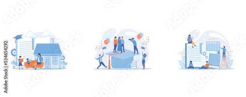 Home schooling, home education plan, homeschooling online tutor concept, Happy graduated female student in graduation cap and robe standing together with mom and dad, Preparing test together., set fla