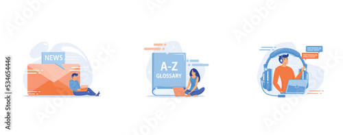 Newsletter subscription, English language studying, Contact, call center, set flat vector modern illustration