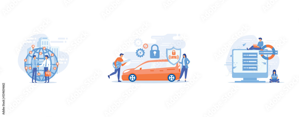 Successful partnership negotiation, partners handshaking, Car alarm system, anti-theft system, vehicle thefts statistics concept, Tiny people programmers with laptops save data on backup server with l