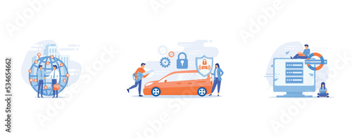 Successful partnership negotiation, partners handshaking, Car alarm system, anti-theft system, vehicle thefts statistics concept, Tiny people programmers with laptops save data on backup server with l