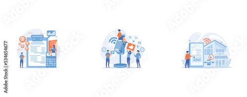 Financial analysts doing income statement with calculator and laptop, Broadcasting station, Smart home, house automation, set flat vector modern illustration