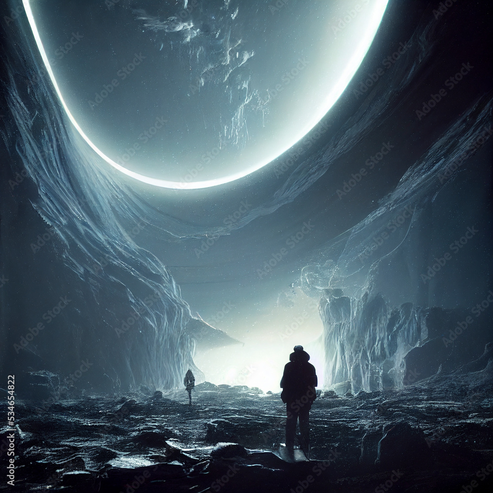 Impossible planet fantasy space landscape with a figure