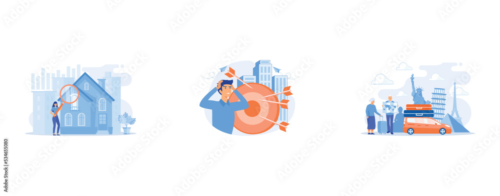 Fototapeta premium Real estate customer with magnifier looking for property for sale, Stressed man suffering from migraine, Retirement travel, traveling on pension, slow travel method concept, set flat vector modern ill
