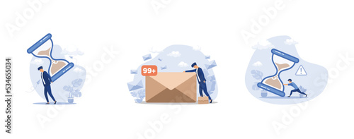 Deadline or time counting down on business project, desperate hopelessness businessman with his inbox with infinity unread emails, Nervous entrepreneur trying to stop hourglass or sandglass before it 