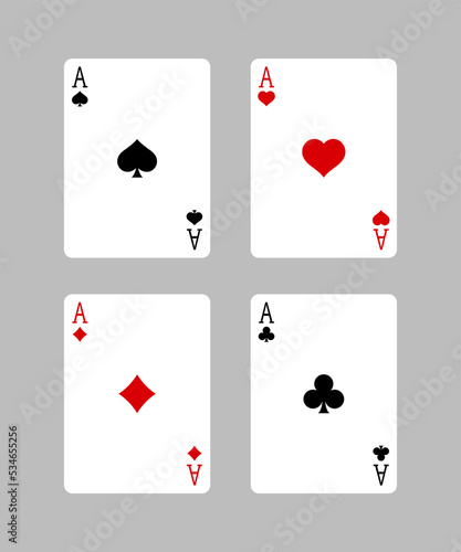 Set of vector ace playing cards suit editable on grey background. Four ace card.