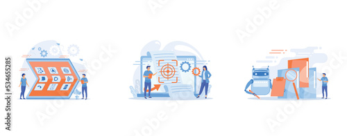Tiny people at big smartphone with flexible display, Tiny people project managers work on vision and scope document, Robotic process automation, service robots profit, automated processing concept, se