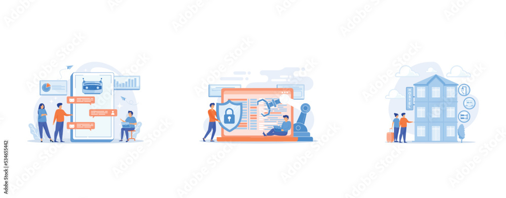Obraz premium Customers chat with chatbot on smartphone screen with speech bubbles, Industrial cybersecurity, industrial robotics malware, safeguarding of industrial robotics concept, College dormitory, motel check