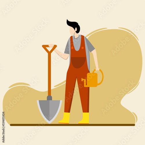 Farmer character standing holding shovel and watering pot. Agricultural work. smart farming concept horizontal flat portrait landscape background