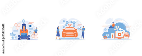 Businessman and technology measuring eye position and movement, tiny people, Business people paying in vehicle equiped with in-car payment system, Cloud based engine, infrastructure as a service, virt