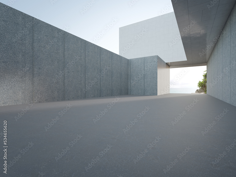 Empty gray concrete floor in minimal architecture. 3d rendering of abstract white building with beach and sea view background. Empty gray concrete floor in minimal architecture. 3d rendering of abstract white building with beach and sea view background.