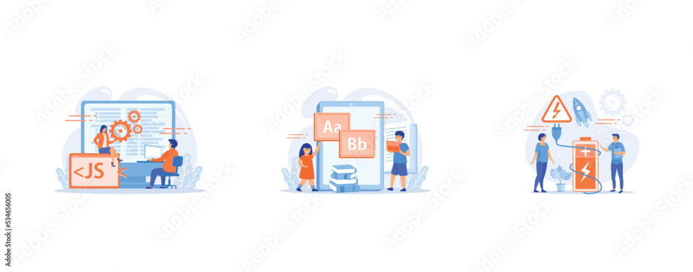 Tiny business people work at detachable computer, Children at tablet and with laptop using kids friendly alphabet application, Safety battery, protected energy device, battery safety use concept, set Tiny business people work at detachable computer, Children at tablet and with laptop using kids friendly alphabet application, Safety battery, protected energy device, battery safety use concept, set